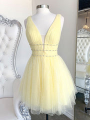 Prom Dress With Sleeves, Cute Yellow V Neck Tulle Beads Short Prom Dress Yellow Homecoming Dress