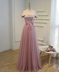 Bridesmaid Dresses Weddings, Pink A Line Off Shoulder Floor Length Prom Dress, Lace Evening Dress