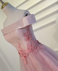 Bridesmaids Dress Inspiration, Pink A Line Off Shoulder Floor Length Prom Dress, Lace Evening Dress
