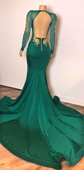 Black Wedding Dress, Sexy Long Sleeves Emerald Green Prom Dresses On Sale Open Back Side Slit