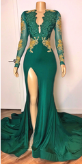 Mini Dress, Sexy Long Sleeves Emerald Green Prom Dresses On Sale Open Back Side Slit