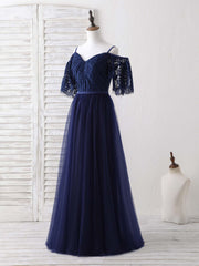 Design Dress, Dark Blue A-Line Lace Tulle Long Prom Dress Blue Evening Dress
