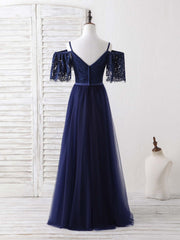 Flowy Dress, Dark Blue A-Line Lace Tulle Long Prom Dress Blue Evening Dress