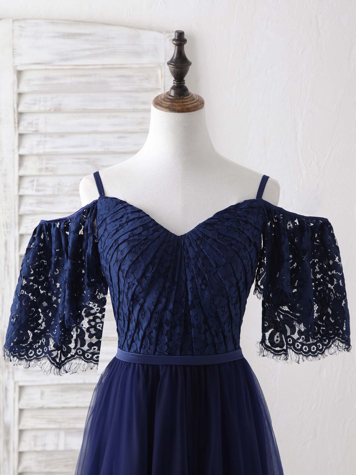 Bow Dress, Dark Blue A-Line Lace Tulle Long Prom Dress Blue Evening Dress
