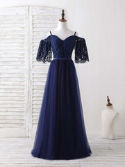 Prom Outfit, Dark Blue A-Line Lace Tulle Long Prom Dress Blue Evening Dress