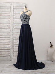 Party Dress Websites, Dark Blue Chiffon Beads Long Prom Dress, Blue Evening Dress