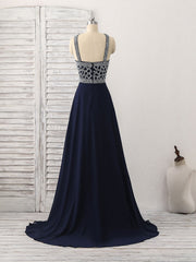 Party Dresses Long Dress, Dark Blue Chiffon Beads Long Prom Dress, Blue Evening Dress