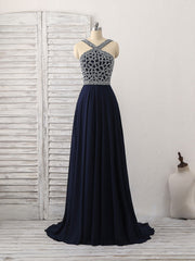 Party Dresses Ladies, Dark Blue Chiffon Beads Long Prom Dress, Blue Evening Dress