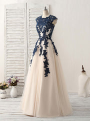 Prom Dress Sales, Dark Blue Lace Applique Tulle Long Prom Dress Blue Bridesmaid Dress