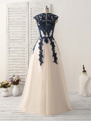 Prom Dress Red, Dark Blue Lace Applique Tulle Long Prom Dress Blue Bridesmaid Dress