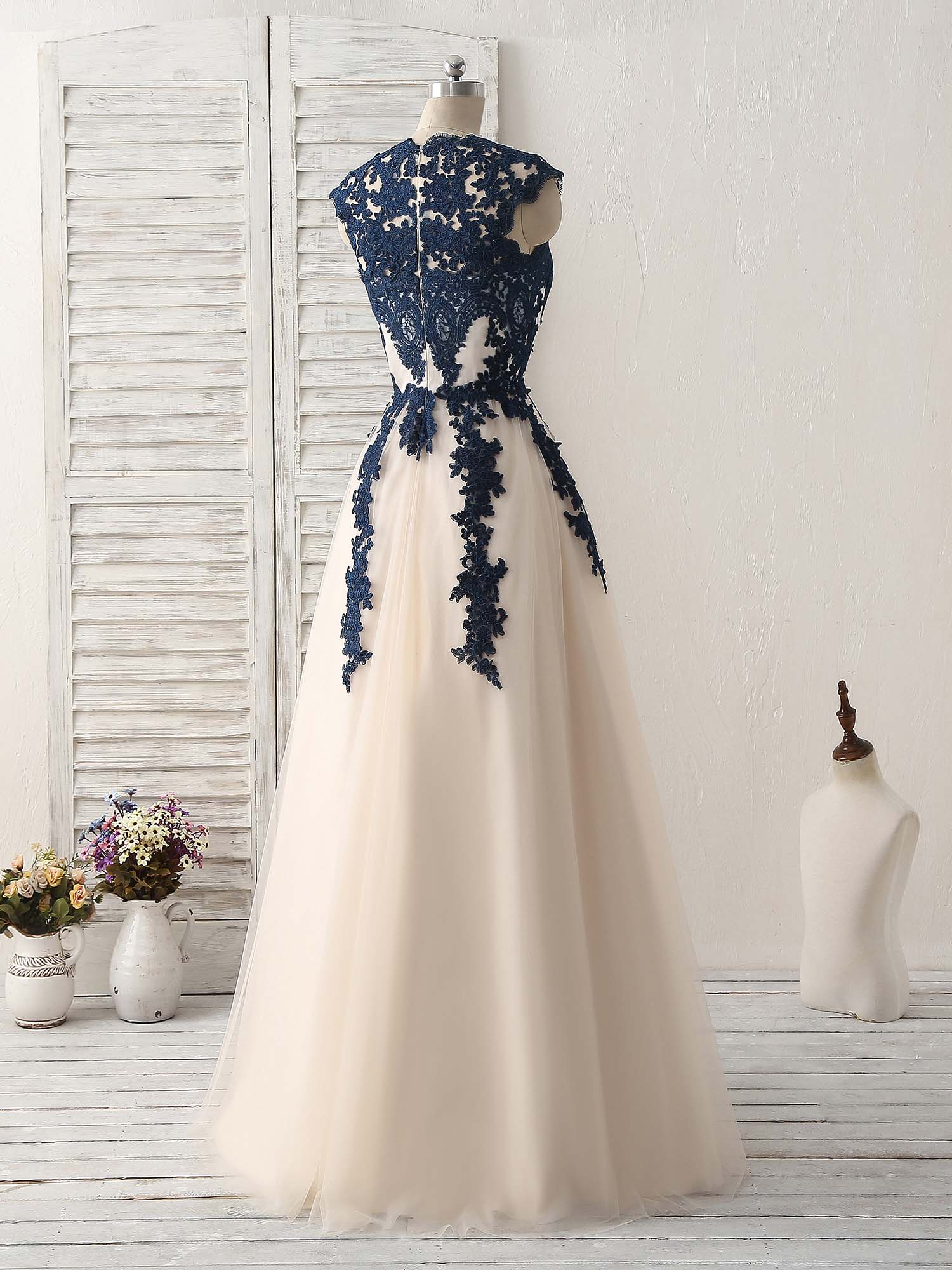 Prom Dresses Red, Dark Blue Lace Applique Tulle Long Prom Dress Blue Bridesmaid Dress