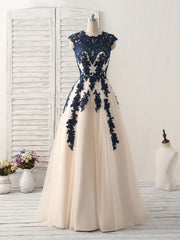 Prom Dresses Sale, Dark Blue Lace Applique Tulle Long Prom Dress Blue Bridesmaid Dress