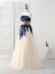 Prom Dress Inspo, Dark Blue Lace Applique Tulle Long Prom Dress Blue Bridesmaid Dress