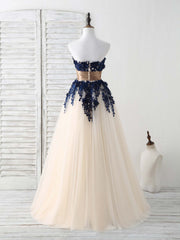 Salad Dress Recipes, Dark Blue Lace Applique Tulle Long Prom Dress Blue Bridesmaid Dress