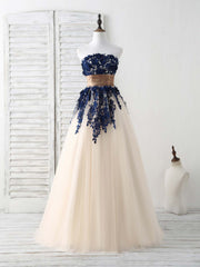 Party Dress For Couple, Dark Blue Lace Applique Tulle Long Prom Dress Blue Bridesmaid Dress
