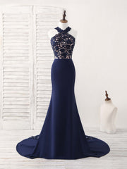 Long Dress Outfit, Dark Blue Lace Mermaid Long Prom Dress Mermaid Bridesmaid Dress