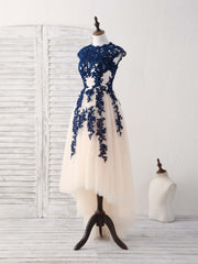Formal Dresses Fashion, Dark Blue Lace Tulle High Low Prom Dress Blue Bridesmaid Dress