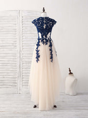 Formal Dress Fashion, Dark Blue Lace Tulle High Low Prom Dress Blue Bridesmaid Dress