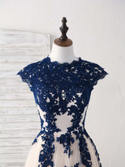 Formal Dress Elegant, Dark Blue Lace Tulle High Low Prom Dress Blue Bridesmaid Dress