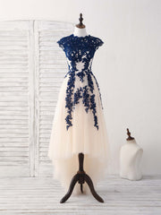 Formal Dress Gowns, Dark Blue Lace Tulle High Low Prom Dress Blue Bridesmaid Dress