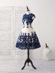 Formal Dress Stores Near Me, Dark Blue Lace Tulle Short Prom Dress Blue Bridesmaid Dress