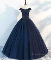 Prom Dresses Unique, Dark blue round neck tulle lace long prom dress, blue tulle lace evening dress
