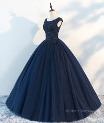 Prom Dress Cheap, Dark blue round neck tulle lace long prom dress, blue tulle lace evening dress