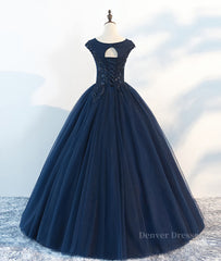 Prom Dress Beautiful, Dark blue round neck tulle lace long prom dress, blue tulle lace evening dress