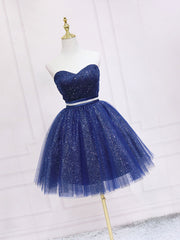 Party Dress Afternoon Tea, Dark Blue Sweetheart Neck Tulle Sequin Short Prom Dress Blue Puffy Homecoming Dress