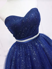 Stylish Outfit, Dark Blue Sweetheart Neck Tulle Sequin Short Prom Dress Blue Puffy Homecoming Dress