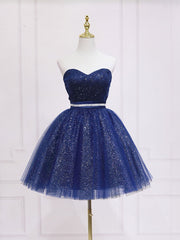 Casual Dress, Dark Blue Sweetheart Neck Tulle Sequin Short Prom Dress Blue Puffy Homecoming Dress