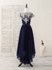 Homecoming Dresses Unique, Dark Blue Tulle Lace Applique High Low Prom Dresses