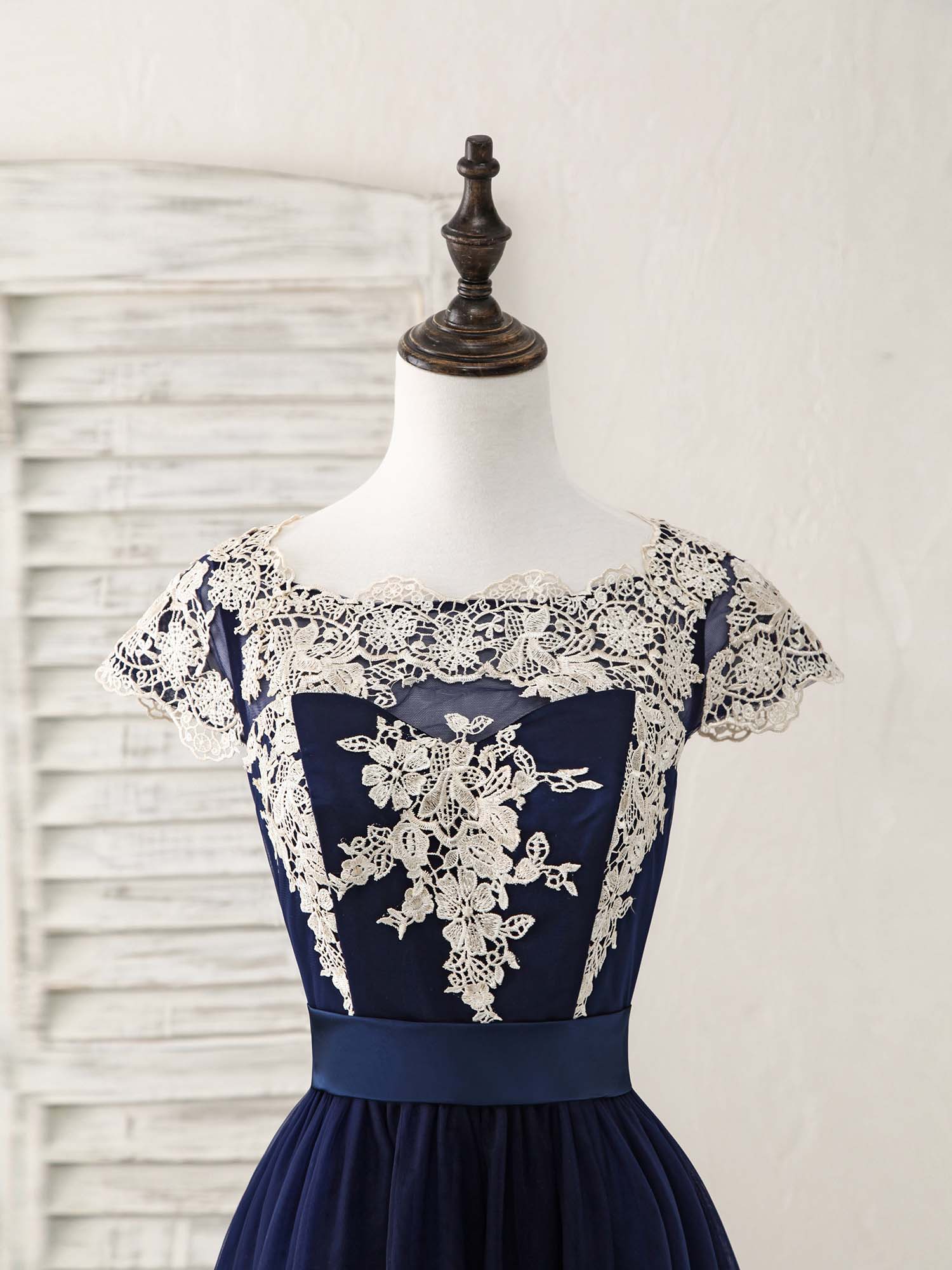 Homecoming Dress 2024, Dark Blue Tulle Lace Applique High Low Prom Dresses