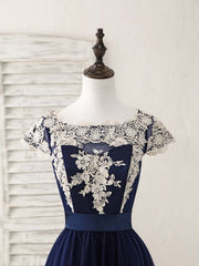 Homecoming Dress 2024, Dark Blue Tulle Lace Applique High Low Prom Dresses