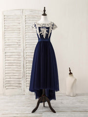 Homecoming Dress Pretty, Dark Blue Tulle Lace Applique High Low Prom Dresses