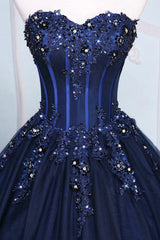 Party Dress Red Colour, Dark Blue Tulle Lace Princess Dress, A-Line Strapless Long Prom Dress