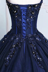 Party Dress Bling, Dark Blue Tulle Lace Princess Dress, A-Line Strapless Long Prom Dress