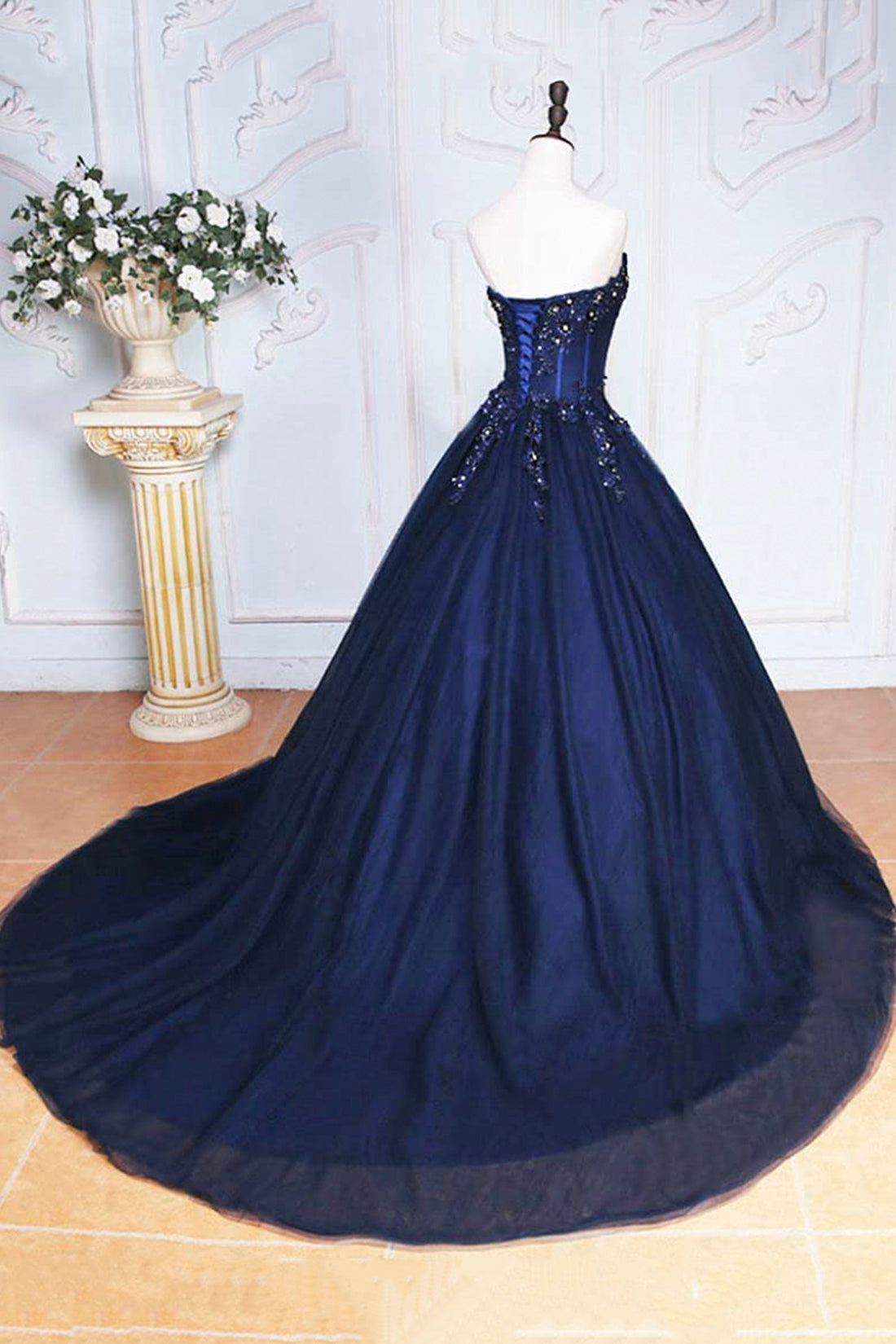 Party Dress Over 40, Dark Blue Tulle Lace Princess Dress, A-Line Strapless Long Prom Dress