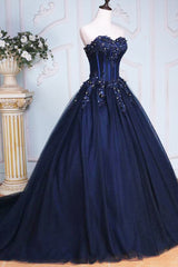 Party Dress Reception Wedding, Dark Blue Tulle Lace Princess Dress, A-Line Strapless Long Prom Dress