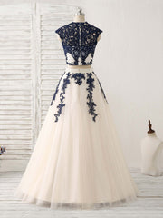 Prom Dress With Pockets, Dark Blue Two Pieces Lace Tulle Long Prom Dress Blue Evening Dress