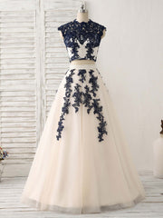 Prom Dress Short, Dark Blue Two Pieces Lace Tulle Long Prom Dress Blue Evening Dress