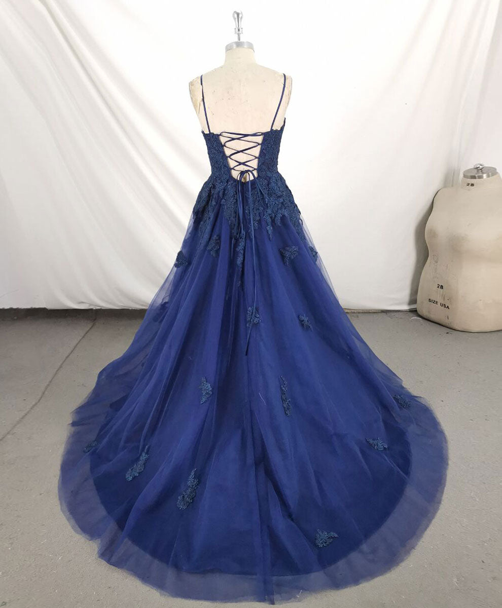 Prom Dress Off Shoulder, Dark Blue V Neck Tulle Lace Long Prom Dress Blue Lace Bridesmaid Dress