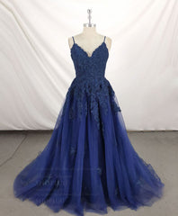 Prom Dresses Off Shoulder, Dark Blue V Neck Tulle Lace Long Prom Dress Blue Lace Bridesmaid Dress