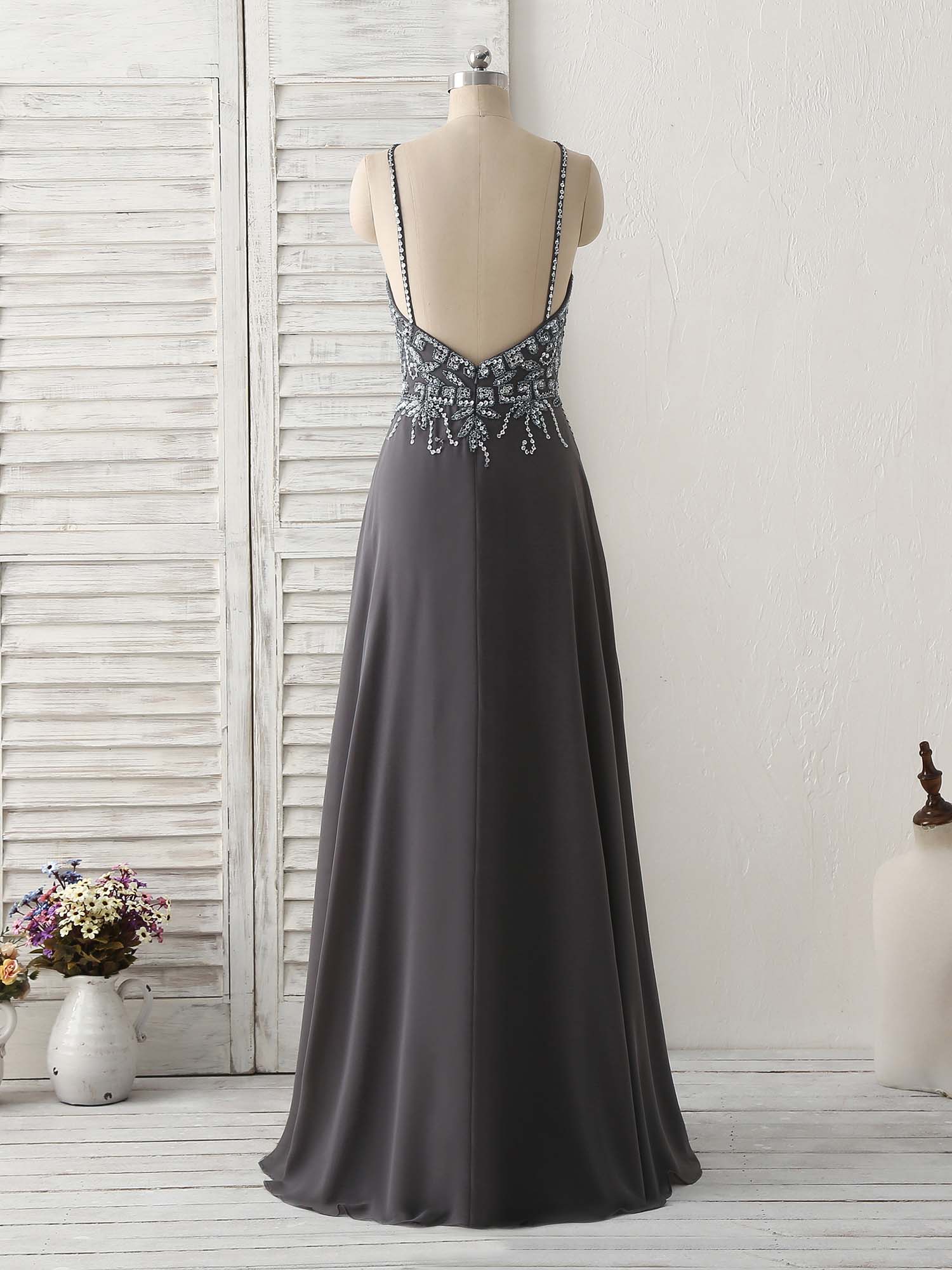 Prom Dresses Designer, Dark Gray Sequin Beads Long Prom Dress Backless Evening Dress