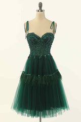 Homecoming Dresses 2050, Dark Green A-line Bow Tie Straps Lace-Up Applique Mini Homecoming Dress