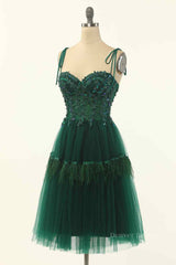 Homecoming Dress 2050, Dark Green A-line Bow Tie Straps Lace-Up Applique Mini Homecoming Dress