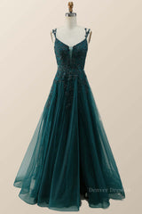 Prom Dresses Brand, Dark Green Lace Appliques A-line Long Prom Dress