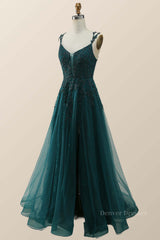Prom Dress Brands, Dark Green Lace Appliques A-line Long Prom Dress
