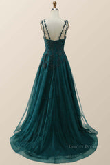 Prom Dresses For 059, Dark Green Lace Appliques A-line Long Prom Dress