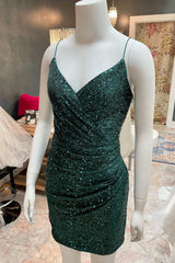 Floral Dress, Dark Green Sequin Spaghetti Straps Ruched Cocktail Dress,Mini Prom Dresses